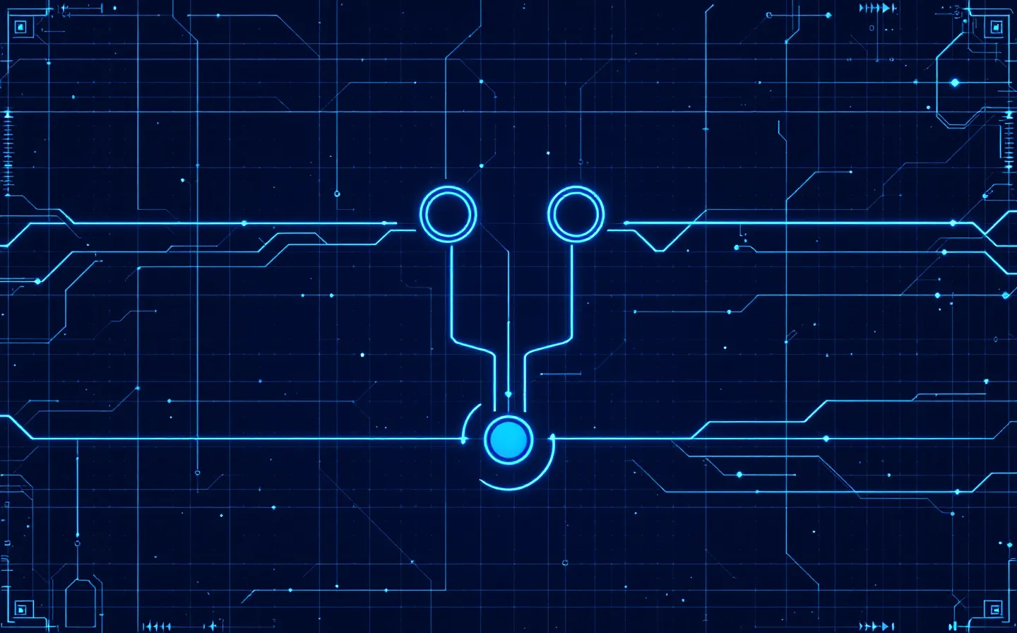 Abstract cool blueprint schematic of two receptor nodes converging cyan signal pathways onto a single islet node on a dark monitor canvas